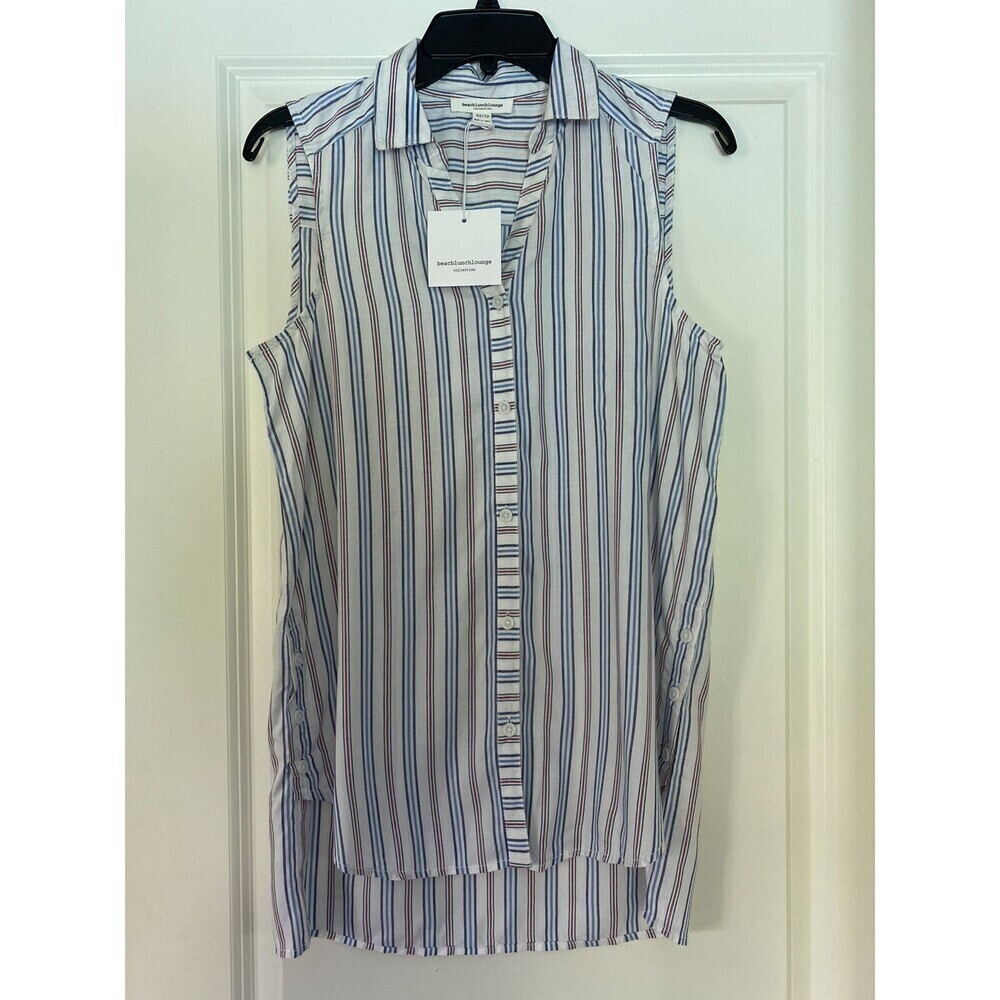 Beach Lunch Lounge Women's Striped Sleeveless Top Side Buttons Blue/Red Size XS
